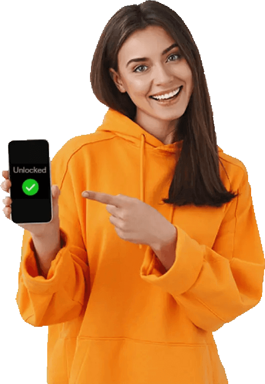 A Woman is holding an iPhone. The word, unlocked, is on the screen along with a white tick mark.