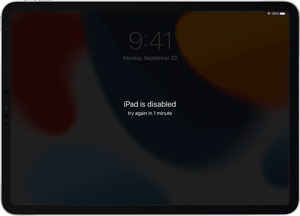 An iPad screen which says "iPad is disabled. Try again in 1 minute"