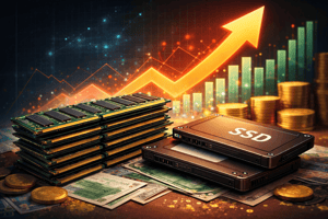 Ram prices are rising. This image shows some RAM sticks and some SSDs on a table in front of some points and a graph showing prices rising.