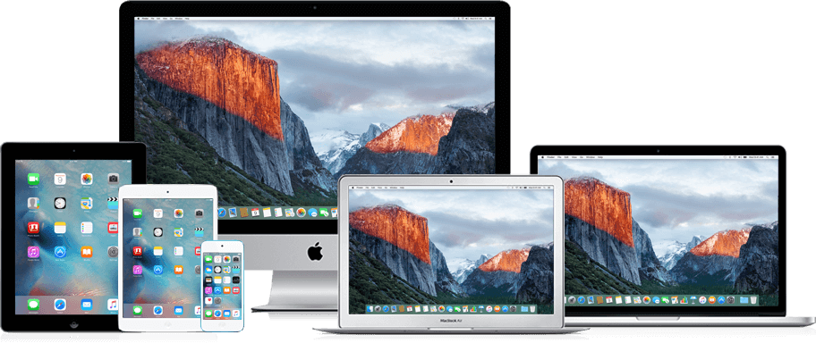 A collection of computing devices, including an iPad, iPad Mini, iPhone, iMac and 2 laptops.