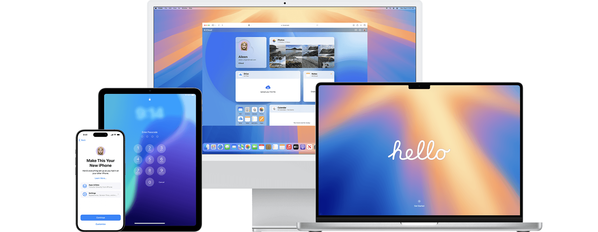Apple devices. There is an Apple laptop, an iMac, an iPhone and an iPad.