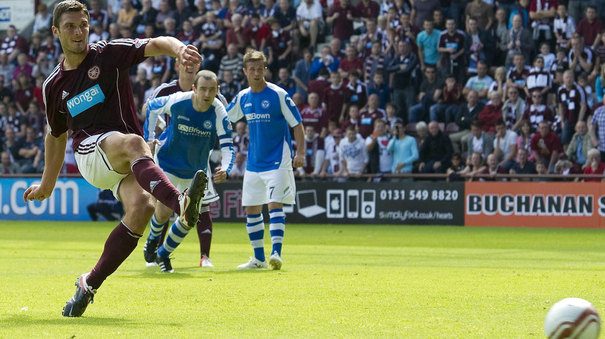 John Sutton scores Hearts first goal of the season. Right in front of the SimplyFixIt banner. Must be a good luck charm!