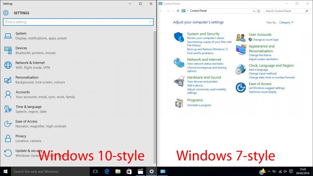 Comparing the standard Windows 10 control panel layout beside the classic, Windows 7, style control panel.