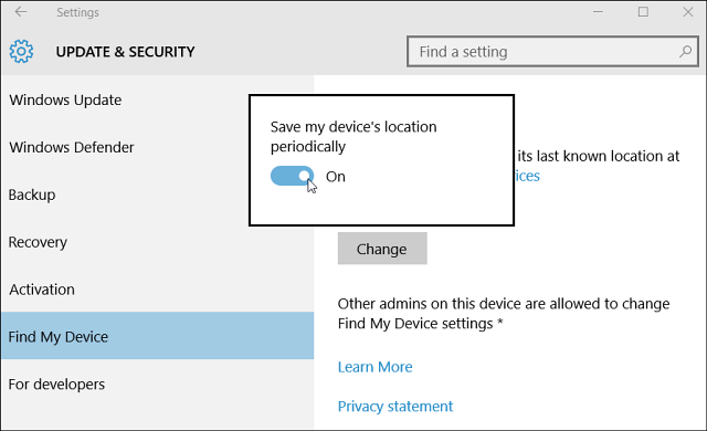 Screenshot of Windows Ten's Find My Device feature in settings