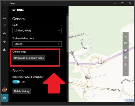 Annotated picture of Maps settings in Windows 10