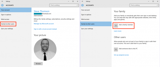 Windows 10 Parental controls add family member
