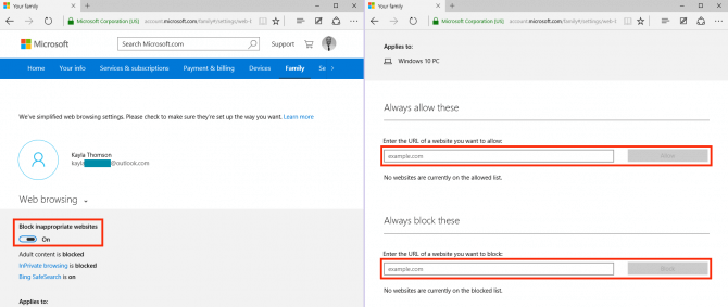 Windows 10 parental controls web browsing