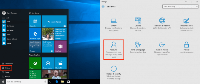 Windows 10 user account settings