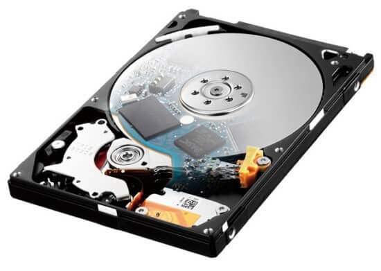 photo of a computer's hard drive. the top cover has been removed so that you can see the drive platters inside