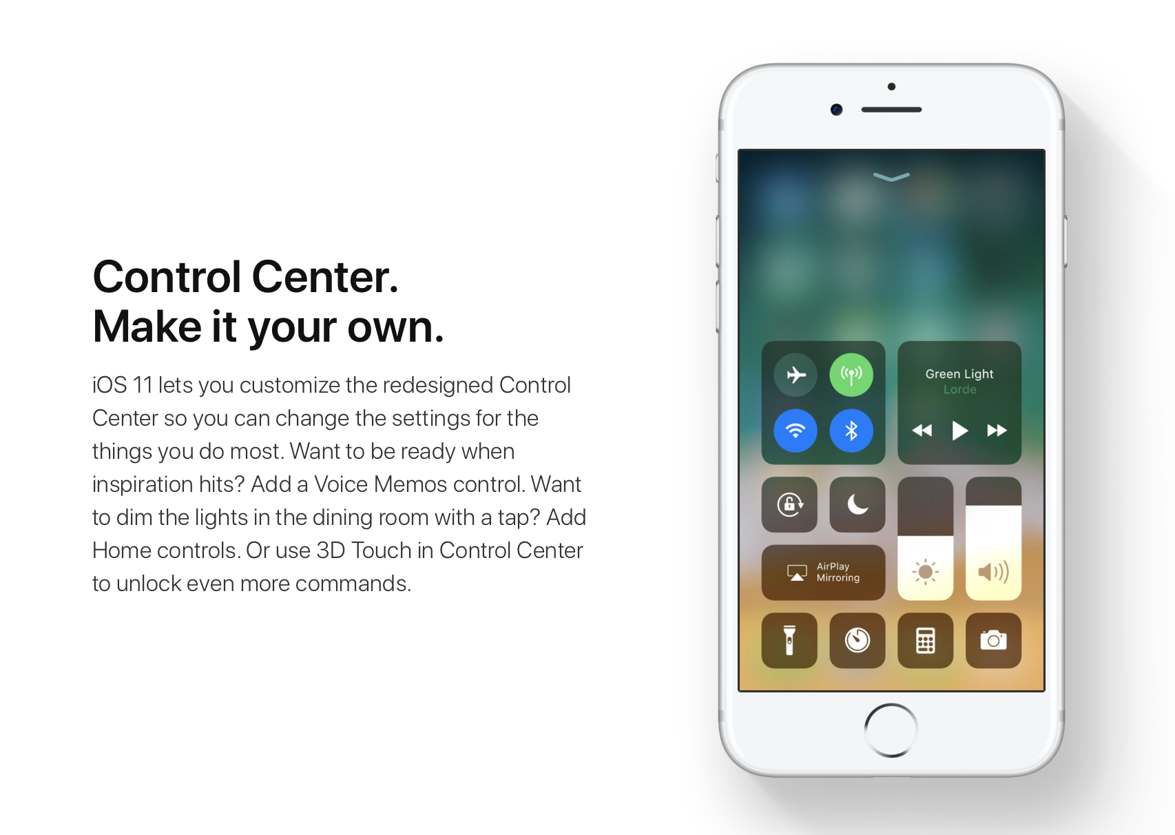 A picture of an iPhone showing the new iOS 11 Control Centre.