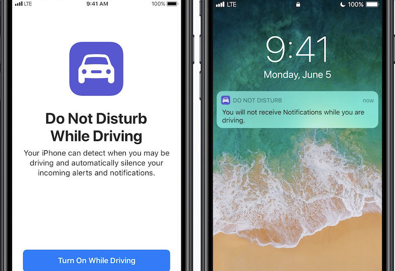 Two iPhones pictured side-by-side. The left shows you the Do Not Distrub feature, whereas the iPhone on the right shows you the notification that appears, automatically, when Siri automatically detects that you have started driving