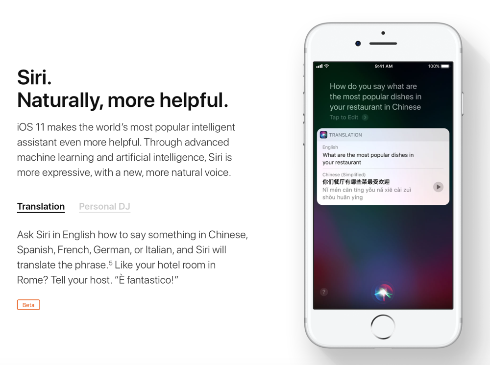 A picture of an iPhone. Somebody has asked Siri to translate, What are the most popular dishes in your restaurant, into Chinese. Siri gives a written translation as well as says it aloud