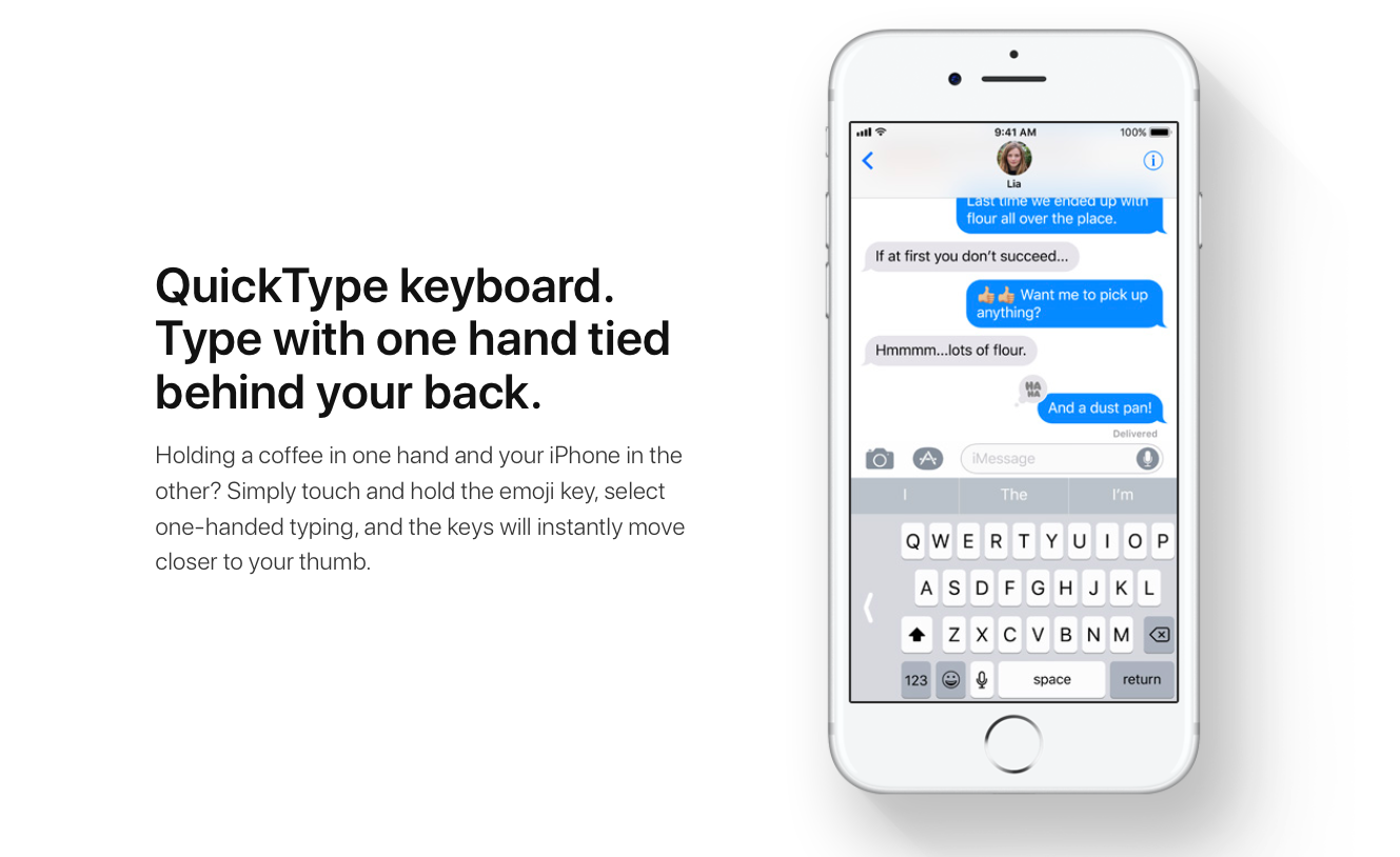 a iPhone showing the new Quick Type Keyboard enabled. The keys have moved to the right side of the iPhone so that they are easier to reach with your thumb