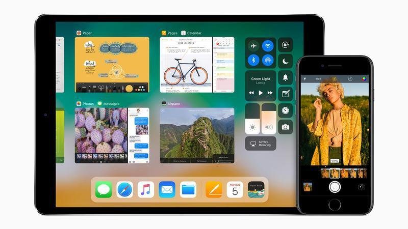 A picture of an iPad and an iPhone displaying iOS 11