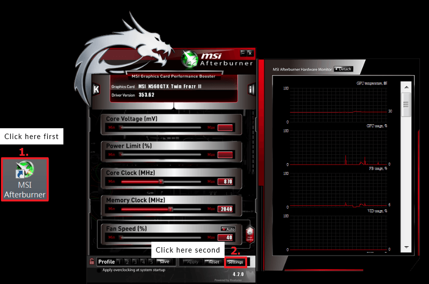 An image showing how to access the settings menu of MSI Afterburner