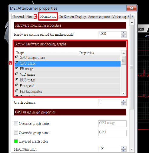 An image showing the monitoring options in MSI Afterburner