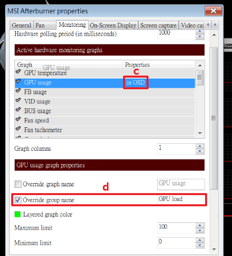 An image showing he configuration options in MSI Afterburner