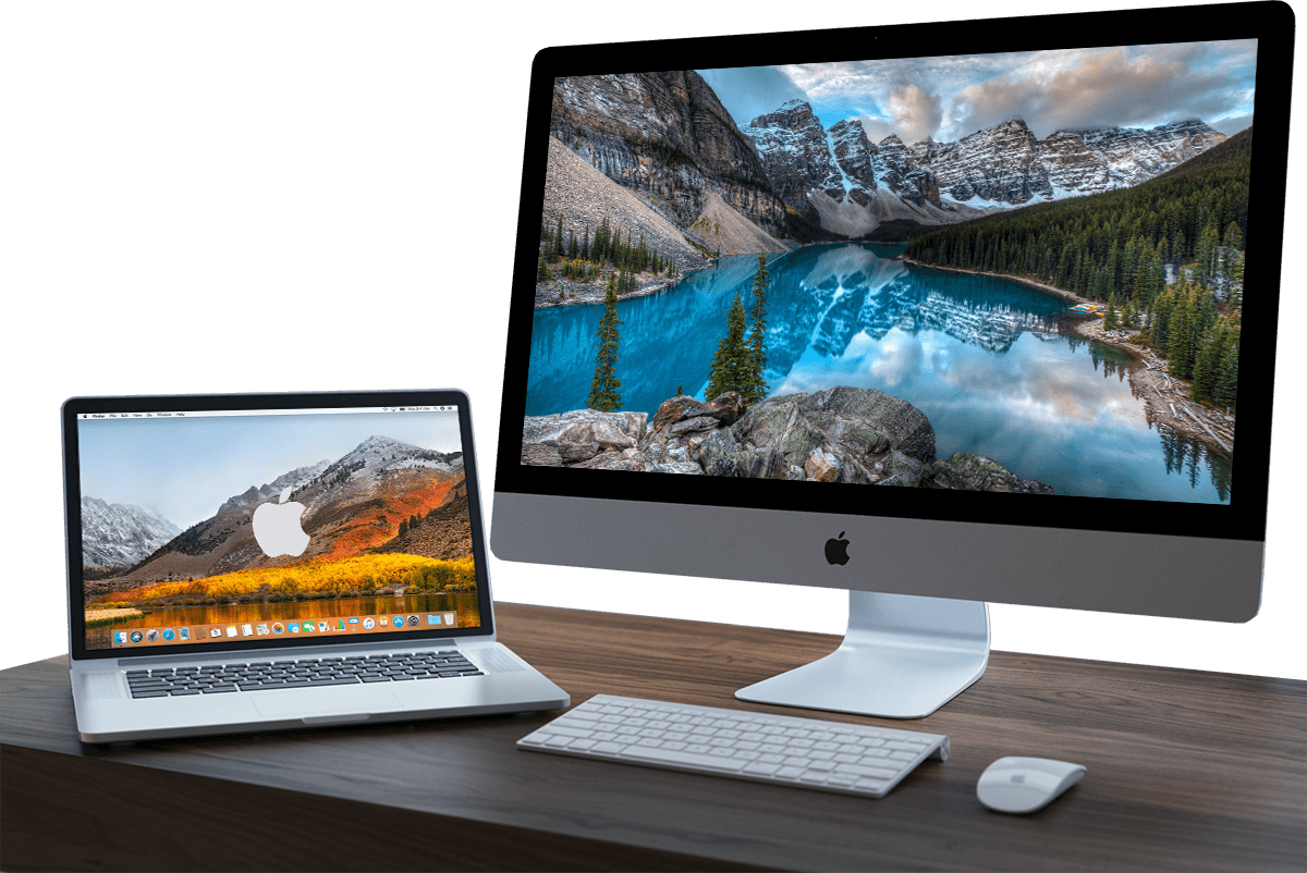 A picture showing two refurbished Macs on a desk. A MacBook Pro on the left, and an iMac on the right