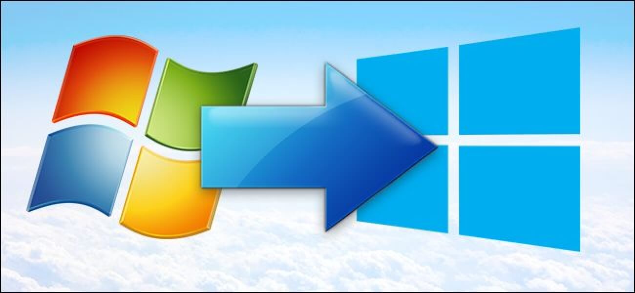 The windows 7 logo with a blue arrow pointing to the windows 10 logo. This represents the upgrade from windows 7 to Windows 10.