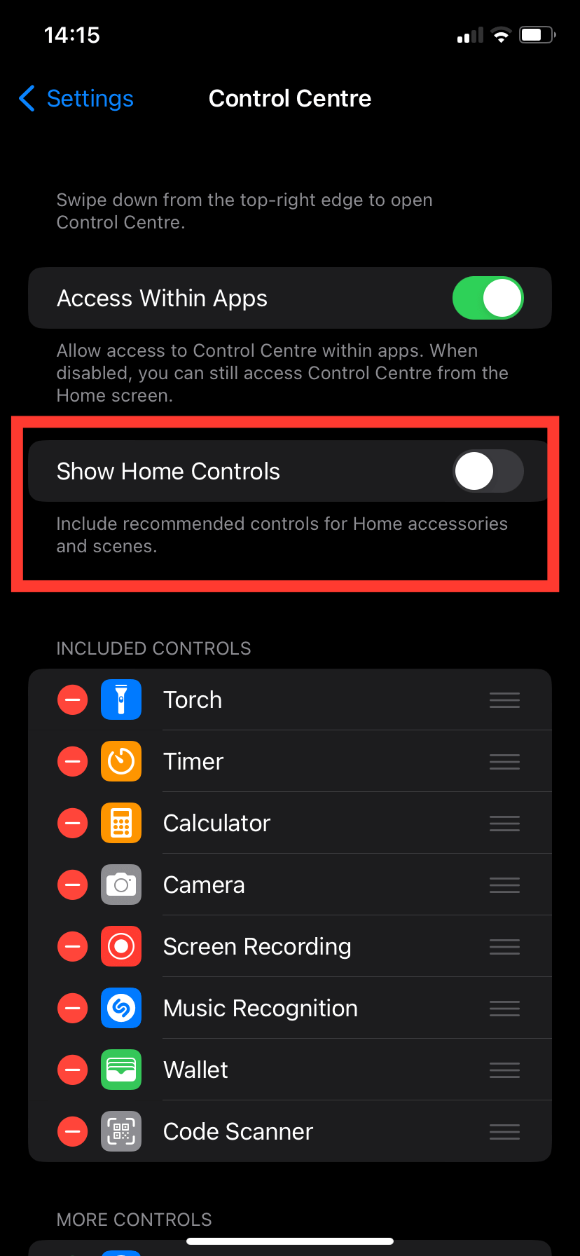 iPhone Settings Menu for Control Centre