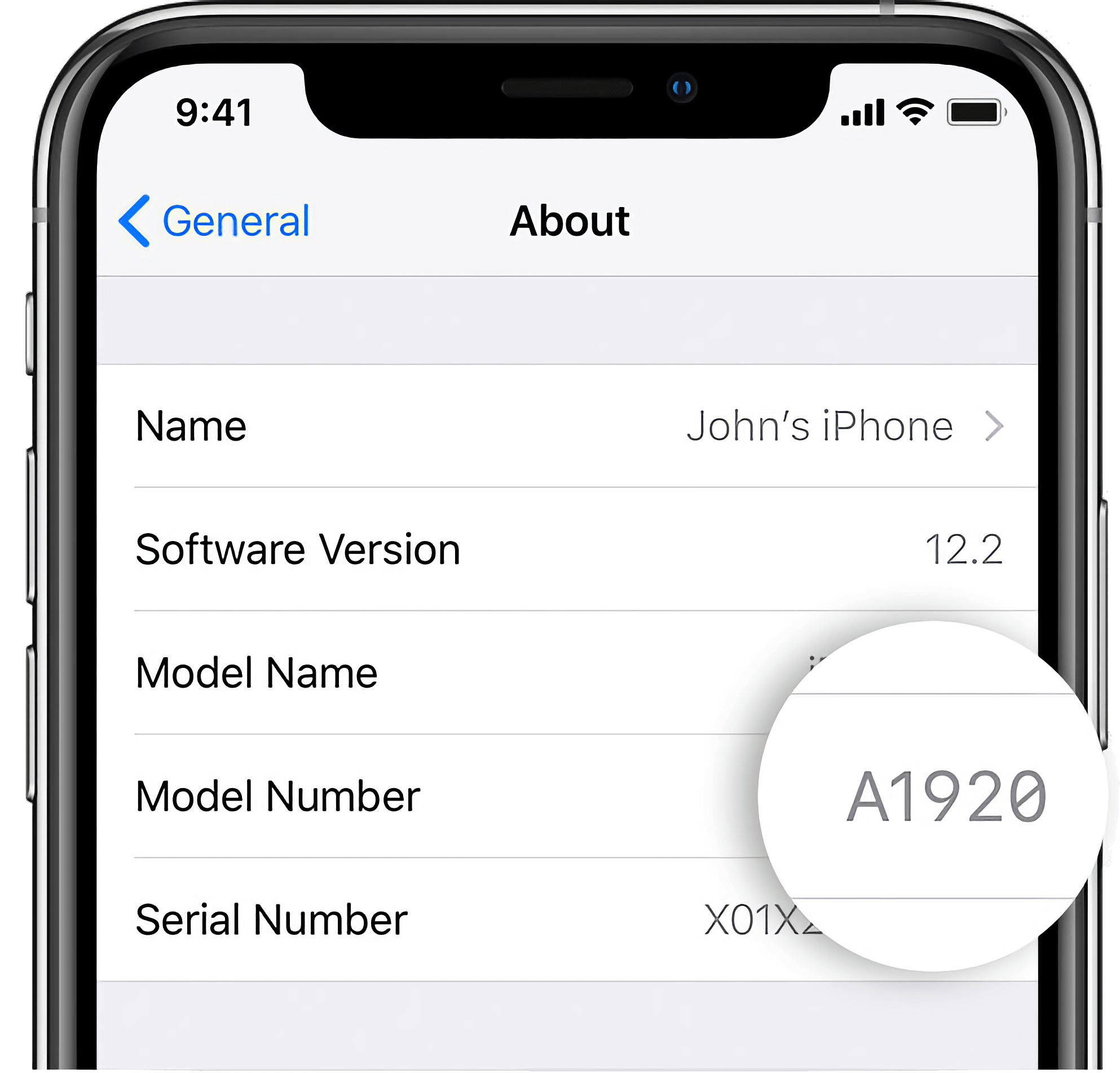 The about screen in the settings app on an iPhone. Go to settings, then General, and then tap about to see this screen.