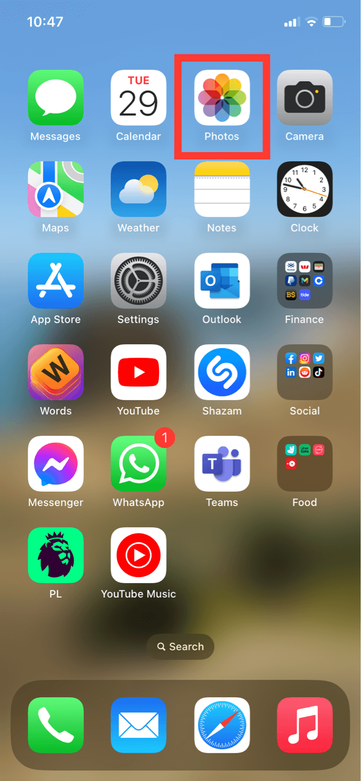 iPhone 11 Home Screen with the Photos app highlighted by a red box