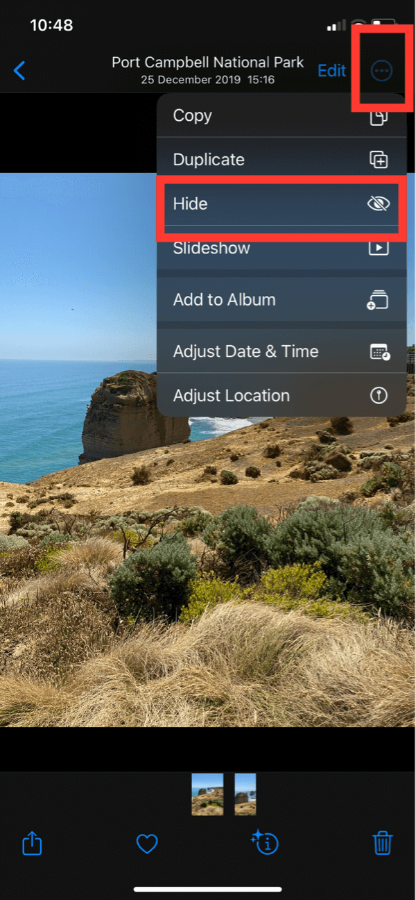 The More options menu that appears when a photo is selected. We have highlighted the Hide optio with a red box