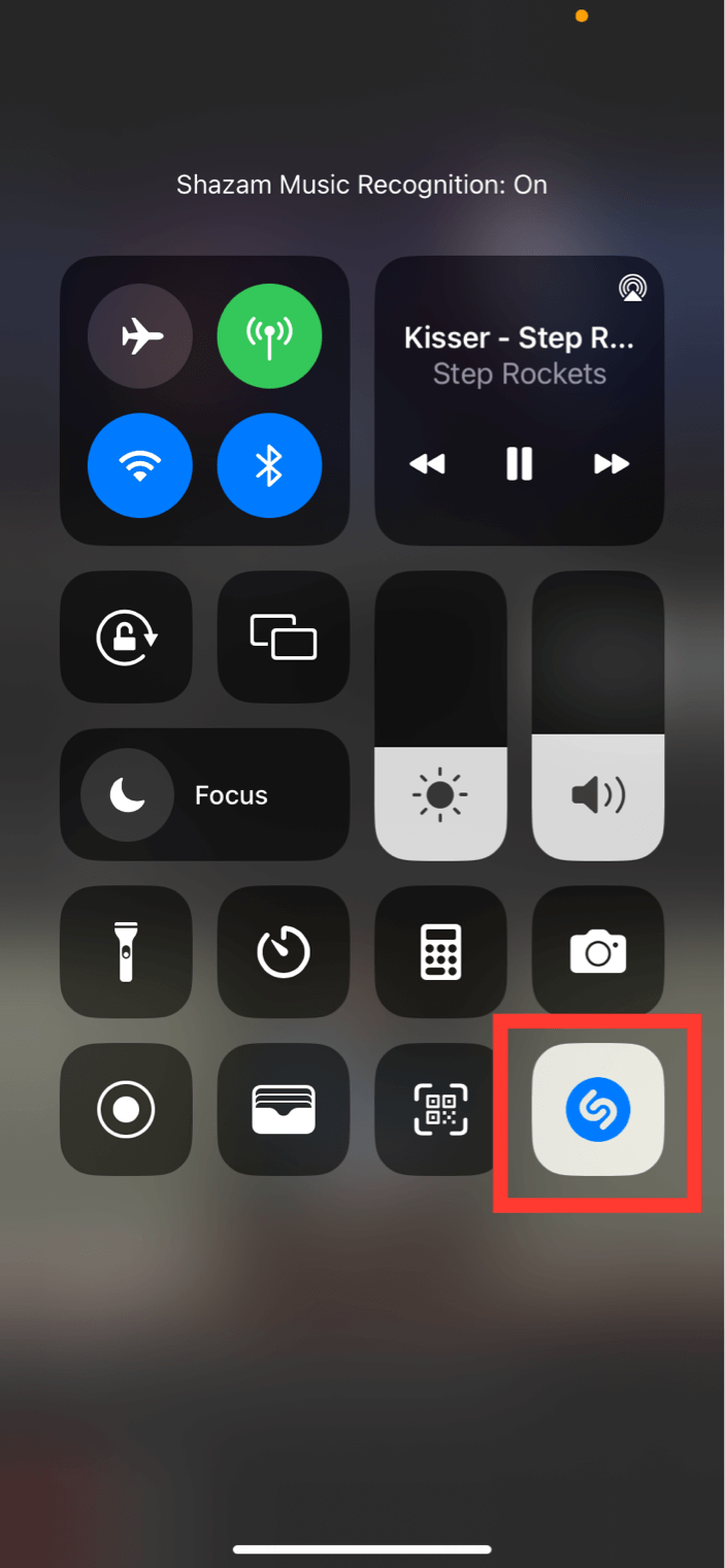 Showing the Shazam Music Recognition logo activated in the iOS 16 Control Centre