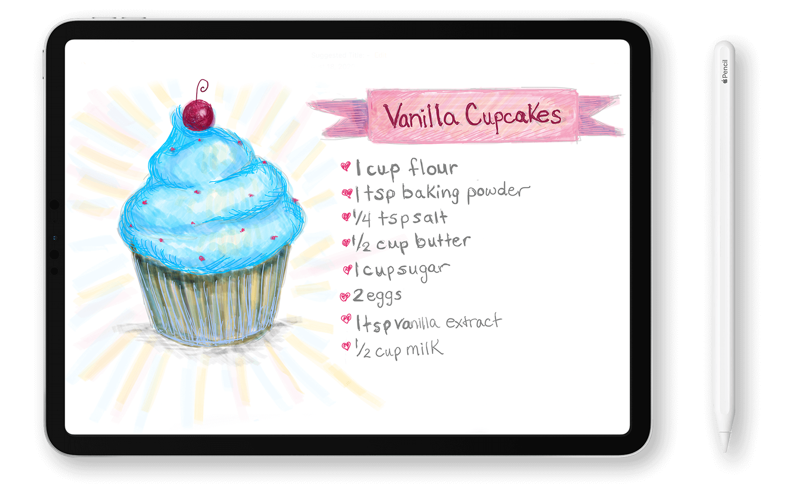 An iPad with an Apple pencil to the side of it. The iPad has the recipe for a cupcake on the screen. The pencil is to the right of it, but is not touching it. 