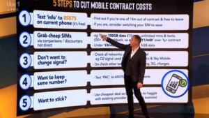 Martin Lewis explains how to get a better deal on your mobile contract. He is stood in front of a large screen with 5 steps.