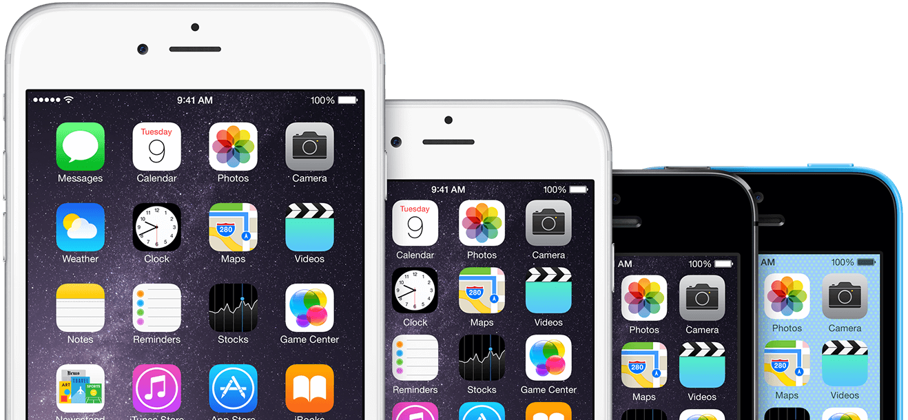 4 iPhones side by side. Starting with the iPhone 6s plus, then the iPhone 6s, the SE and then the 5c.