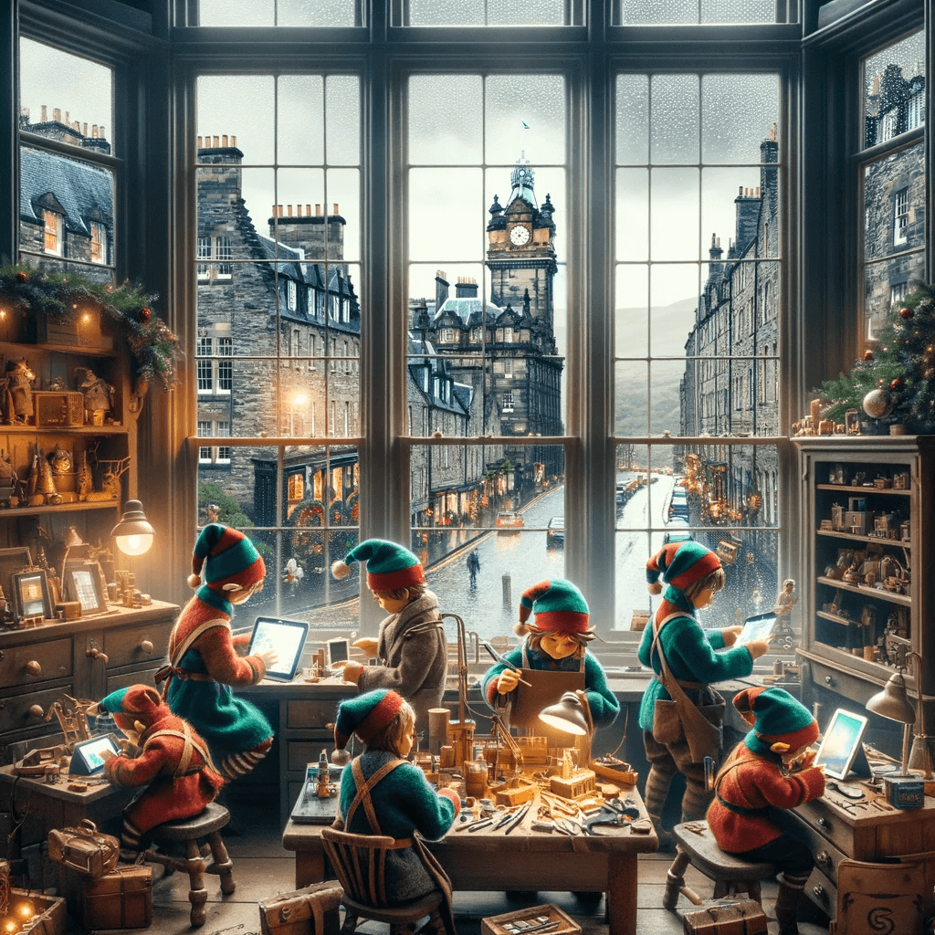 A christmas scene in a computer repair setting. There are several christmas elves repairing electronic devices such as a iPads. There is a big window that looks out to a street that could be in Edinburgh.